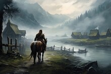 Scandinavian Viking Warrior Holding An Ax And A Shied With Horse In Misty Landscape. Generative Ai