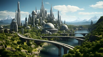Wall Mural - Fantasy alien planet. Mountain and bridge. 3D rendering.