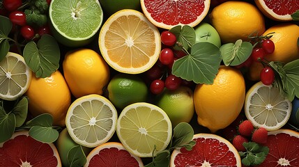 Wall Mural - Citrus assortment, illustration with fruits cut into slices. Tasty and juicy food. Summer background of oranges, grapefruits and lemons.