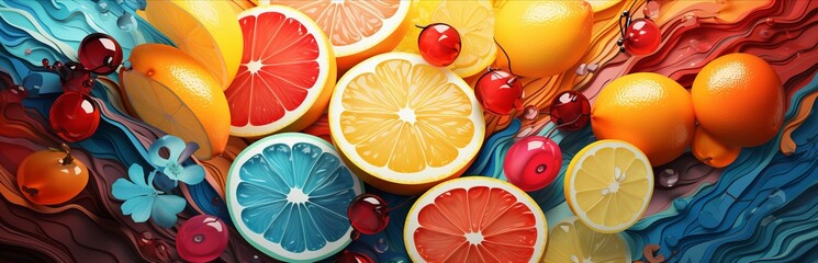 Wall Mural - Citrus assortment, illustration with fruits cut into slices. Tasty and juicy food. Summer background of oranges, grapefruits and lemons.