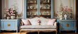 Antique cabinet with porcelain decorations, rose paintings, and blue sofa in real living room photo
