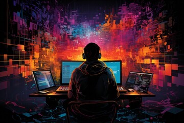 Side view of concentrated programmer in eyeglasses working on computer in dark office