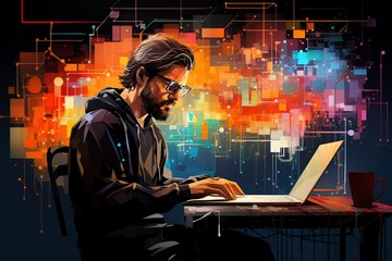 Side view of concentrated programmer in eyeglasses working on computer in dark office