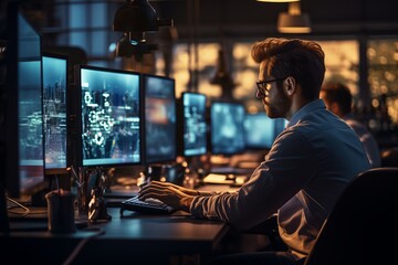 side view of concentrated programmer in eyeglasses working on computer in dark office