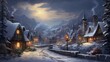  a painting of a snowy village at night with a full moon in the sky and a street light in the foreground.