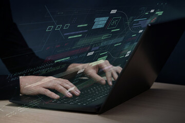 Programming futuristic cyberspace with binary code, digital technology communication and data exchange, software development concept, coding programmer, software engineer working on laptop