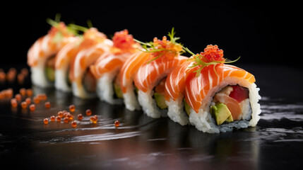 Wall Mural - Japanese sushi on a dark background close up