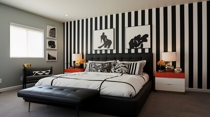 Wall Mural - Bedroom with bold black and white stripes on an accent wall.