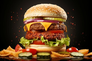Wall Mural - Realistic scene of a smoky hamburger with ingredients in dynamic motion