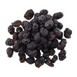 organic dry black raisin cut in half sliced with leaves isolated on white background with clipping path