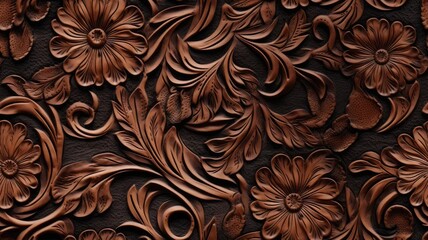 a fancy embossed leather background with intricate floral and cowboy western design elements. seamle