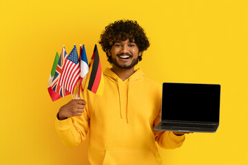 Sticker - Indian man holding laptop with black screen and diverse flags