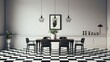 Minimalist dining room with black and white checkerboard floor.