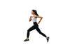 Young brunette multi ethnic woman running against transparent background , preparing for olympics. Fit  American girl in sportswear jogging. Sport, fitness, active people. Female trainer at exercise.