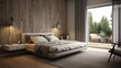 © PSCL RDL - scandinavian design house beautiful concept bedroom interior design with colour accent wall headboard feature wall bedroom with daylight cosy atmosphere home interior concept. Generative AI