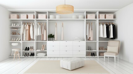 home interior design template mockup room ideas concept with bright white walkin closet space management with cabinet and area organize home background. Generative AI