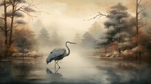 Drawing Wallpaper Of A Landscape Of Heron Birds In The Middle Of The Forest Lake In Japanese Vintage Style. Generative AI