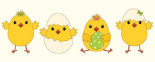 A Vector Set Of Cartoon Easter Chicks On A White Background. Vector Illustration