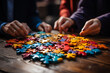 © Gonzalo - Diverse corporate officer workers collaborate in office, connecting puzzle pieces to represent partnership and teamwork. Unity and synergy in business concept by merging jigsaw puzzle. Concord