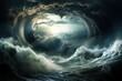 Apocalyptic dramatic background, giant tsunami waves, dark stormy sky, Tornado