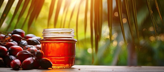 Red Oil Palm seed on leaf and cooking palm oil in glass with morning sunlight on garden background, utilized for food industry and vital agriculture in tropical Asia