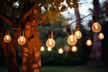 Sticker - Wedding decoration in the garden. light in the evening garden, electric lanterns with round diffuser. Lamp garland of light bulbs on a tree branch among the leaves, dark illuminate night scene