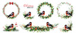 Christmas set with garlands, pine wreaths and red bullfinch birds.