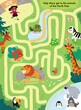 Vector colorful maze zoo labyrinth for children with cartoon animal characters, country, passing through zoo. Puzzle game. Lion, giraffe, penguins, rein deer, zebra, tortoise. Easy simple drawing map.
