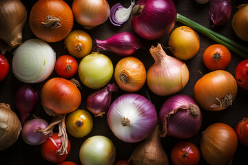 Wall Mural - Different varieties of onions on black, vegetable background, purple, white, yellow onion, sweet onion, hot onion close-up, healthy food, wallpaper for advertising and packaging design