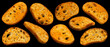Spicy bruschetta crackers, bread croutons on black background
