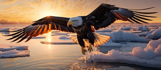 Poster - Steller's sea eagle flies in Arctic nature during sunrise and sunset in Hokkaido, Japan.