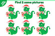 Educational kids game. Find 2 same picture with cute Dragons of the Chinese New Year 2024. Puzzle for school education children. Cartoon dragon with a gift in paws and in red hat of Santa. Vector.