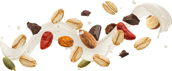 Wall Mural - falling muesli with milk splash isolated