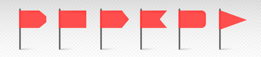 Red flag vector set. Map marks for gps point. Concept of pointer, tag and important sign. 3d icons collection isolated on transparent background