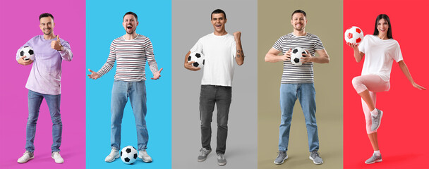 Poster - Set of people with soccer balls on color background