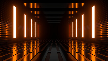 Wall Mural - sci fi neon glowing lines in a dark tunnel. reflections on the floor and ceiling. 3d rendering image