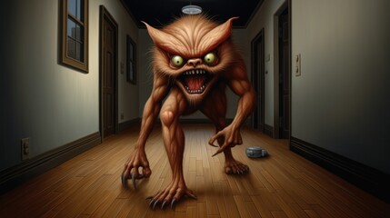 Poster - A creepy looking creature is in a hallway, AI