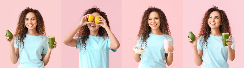 Poster - Collage of young woman with healthy food on pink background. Diet concept