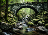 Fototapeta  - Water stream with large stones under an old bridge in a Norwegian forest.

