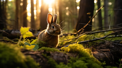 Wall Mural - a rabbit in the forest during the sunset