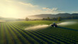 Aerial view of tractor spraying pesticides on green plantation at sunset