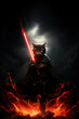 cat wearing hooded robe holding red laser light saber