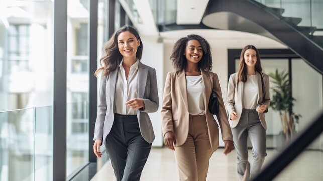 Three business women are walking in the office