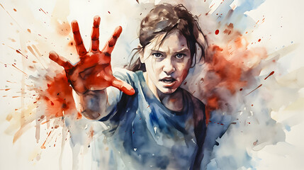Fototapeta intense watercolor of a girl reaching out with a bloodied hand.