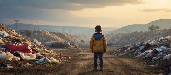 Wall Mural - Young kid standing in front of a landfill garbage fields, humanitarian aid concept from Generative AI