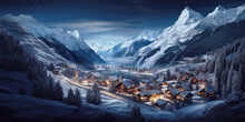 Mountain Village At Christmas Night In Winter, Amazing View Of Snowy Ski Resort In Lights. Landscape With Houses, Lake, Snow And Sky. Theme Of Travel, New Year Holiday, Nature, Xmas