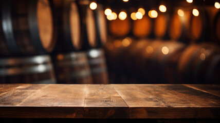 Empty old wood table on blurred wine cellar background, vintage desk in room with barrels and lights. Wooden casks in storage of winery. Concept of design, vineyard, product