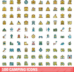 Wall Mural - 100 camping icons set. Color line set of camping vector icons thin line color flat on white