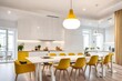 interior design smart apartment square 20m, white walls and white kitchen, big yellow lamp under dinner table temporary style , photography 
