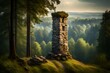 An austere stone watchtower at the edge of a forest in the Kingdom of Bohemia on a summer morning in